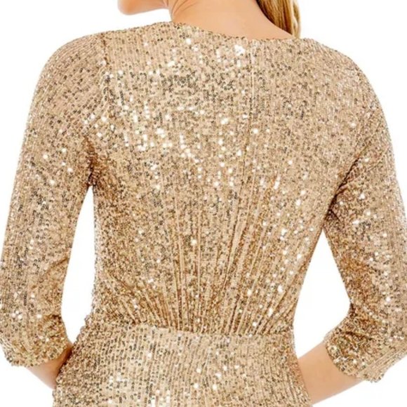 MAC DUGGAL 42015 SEQUINED DRAPED 3/4 SLEEVE LIGHT GOLD GOWN sz 16 - Picture 4 of 6